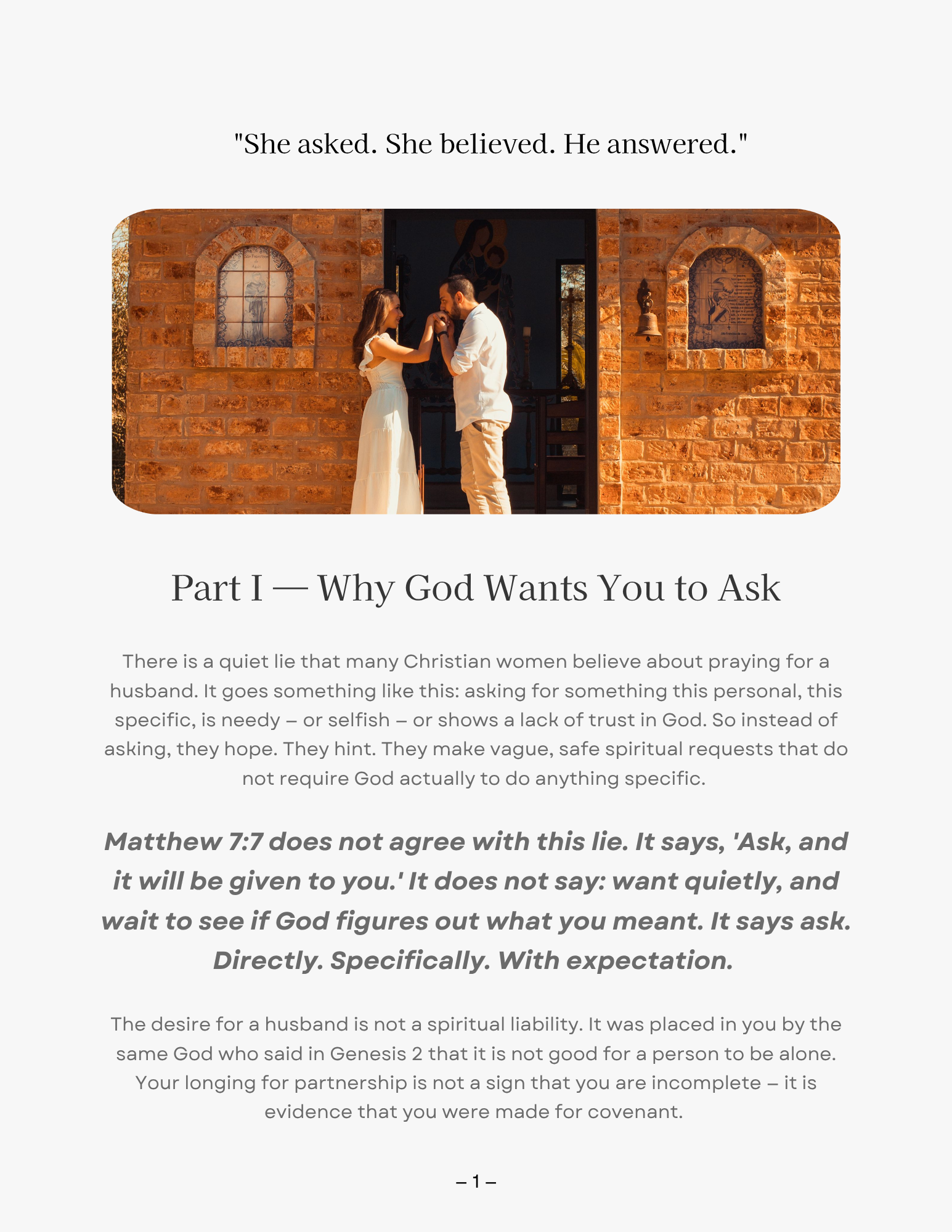 Preview page from Pray Him Here with a chapter opener and a couple standing outside a church
